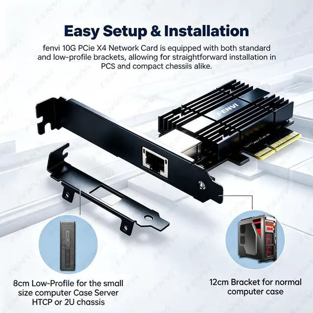 Alt view image 5 of 7 - FENVI 10G PCIe Network Card, PCIe X4 to Single-Port 10GbE RJ45 Ethernet Adapter, Realtek RTL8127 Chip, Supports 10G/5G/2.5G/1G/100M, Low-Profile Bracket Included, Compatible with Windows/Linux/VMware/