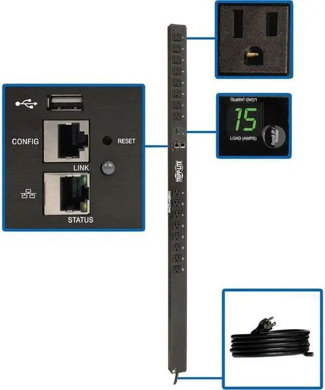 Alt view image 4 of 4 - Tripp Lite 1.4kW Single-Phase Monitored PDU with LX Platform Interface, 120V Outlets (16 5-15R), 10 ft. Cord w/5-15P Plug, 0U, TAA (PDUMNV15LX)