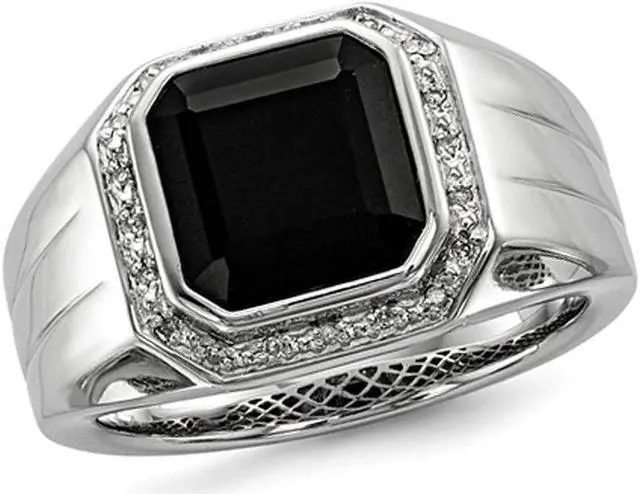 Main image of Men's Black Onyx Ring with Accent Diamonds in Rhodium Plated Sterling Silver