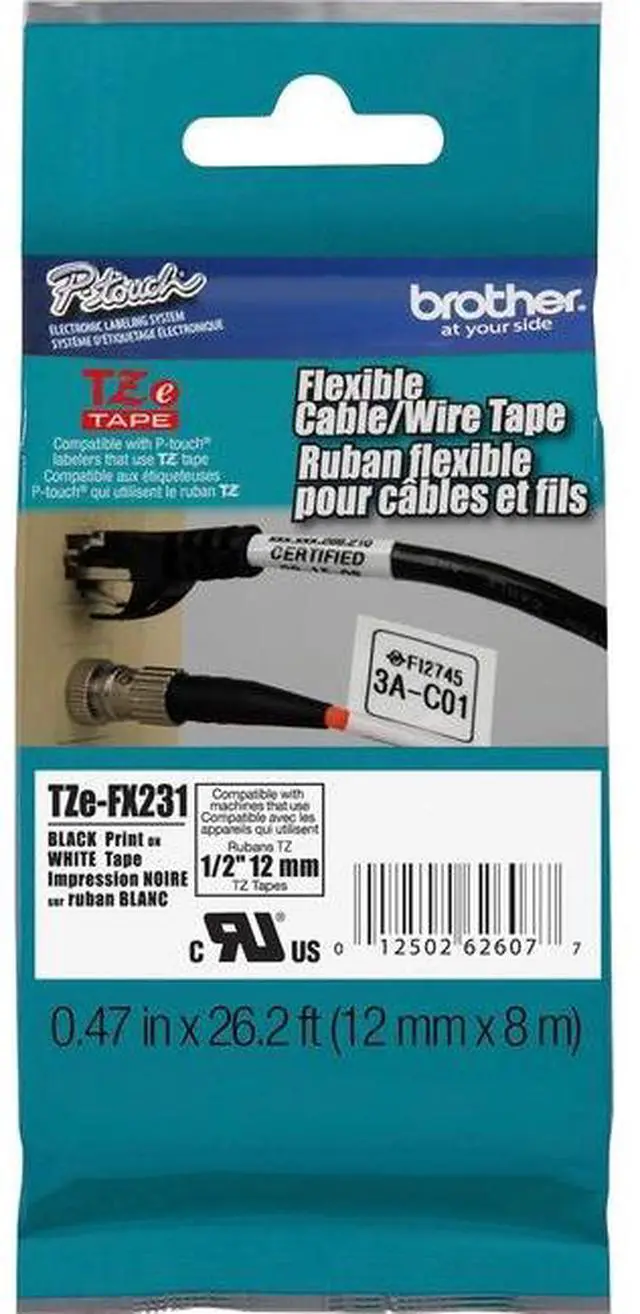 Alt view image 2 of 20 - Brother TZE-FX231 Black on White Flexible ID Tape for P-touch Label Printer, 12 mm (0.47")  x 8 m (26.20 ft.) - 1 Each