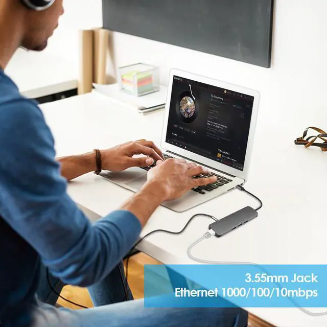 Alt view image 6 of 7 - ESTONE USB C Hub, 9-in-1 USB C Adapter with 4K USB C to HDMI,USB C Charging, 3 USB 3.0, SD/TF Card Reader, USB C to 3.5mm, Gigabit Ethernet Compatible Apple MacBook Pro 13/15 (Thunderbolt 3)