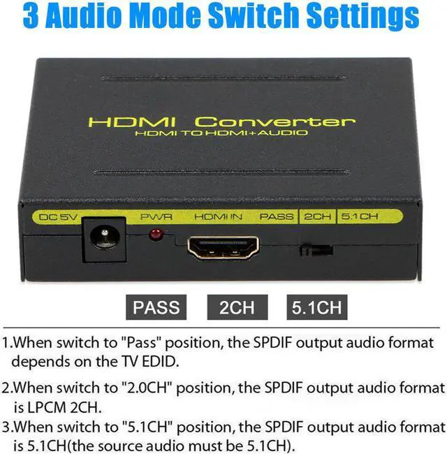 Alt view image 3 of 8 - ESTONE HDMI to HDMI + SPDIF + RCA L / R Audio Extractor Converter (HDMI input,HDMI+ Audio output) Support 4K@30Hz 1080P Full HD 3D