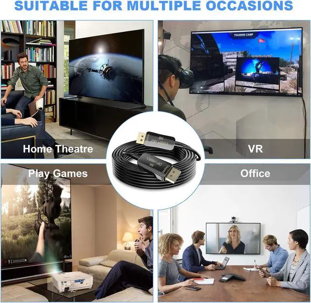 Alt view image 7 of 8 - ESTONE DisplayPort Fiber Optic Cable , 33ft Gold Plated 4K @ 120Hz, 8K @ 60Hz, DP 1.4, HDR, HDCP 2 ,High Speed 32.4 Gbps Black