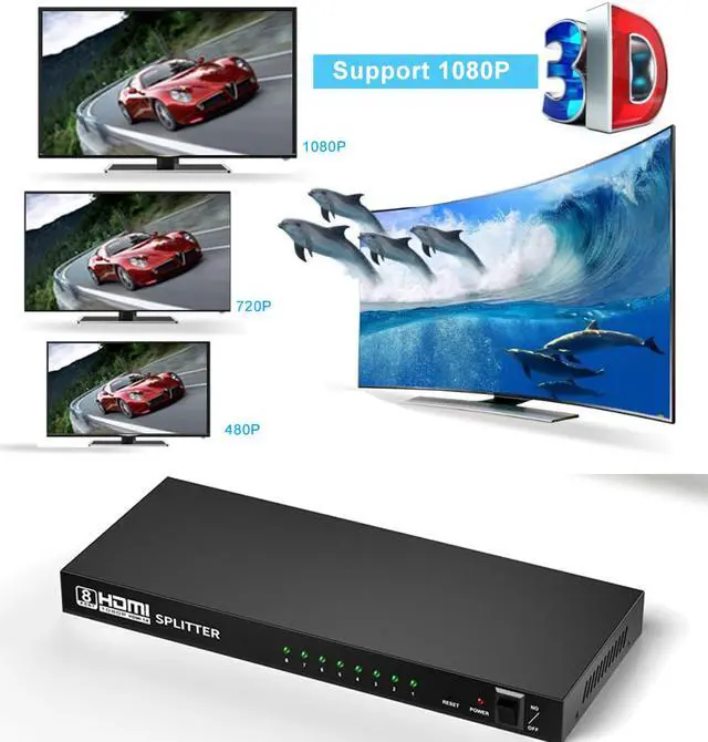 Alt view image 6 of 8 - HDMI Splitter 1 In 8 Out Powered by AC Adapter, Supports 3D Full HD1080P, Compatible with Xbox PS3 PS4 Fire Stick Roku Blu-Ray Player HDTV - 1 Input To 8 Outputs