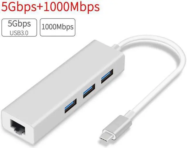 Main image of USB-C to Gigabit Ethernet USB A 3.0 Adapter Hub for USB C Type-C Thunderbolt 3 MacBook/MacBook Pro, Dell XPS 13, HP Spectre x2 and More (Silver)