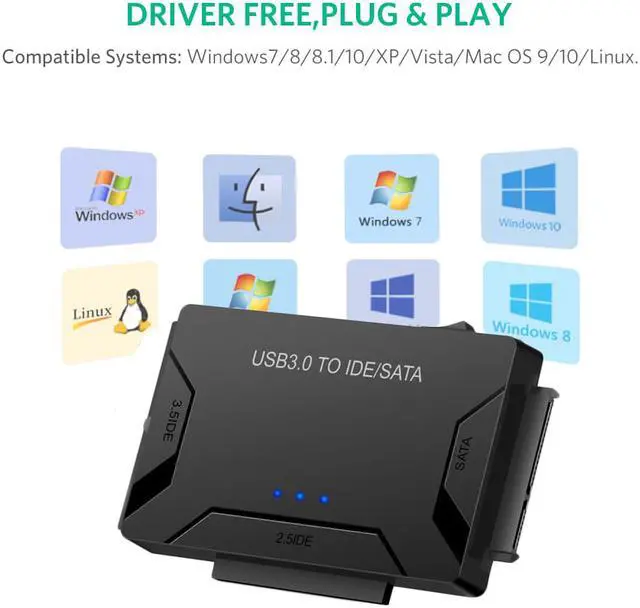 Alt view image 7 of 7 - SATA/IDE to USB 3.0 Adapter, Hard Drive Adapter Cable Converter for Supported 2.5"/3.5" SATA HDD/SSD; 2.5"/3.5" IDE HDD; DVD-ROM, CD-ROM, CD-RW, DVD-RW, DVD+RW, 12V 2A Power Adapter included