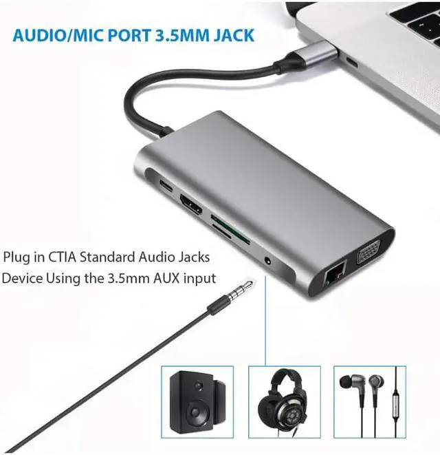 Alt view image 7 of 8 - ESTONE 10 in 1 USB C Hub for MacBook , MacBook Pro, Lenovo, with 4K HDMI + 1080P VGA + RJ-45 Gigabit Ethernet + 3 USB 3.0 Ports + SD/TF Card Reader + PD Type C Charging Port + 3.5mm Audio Output