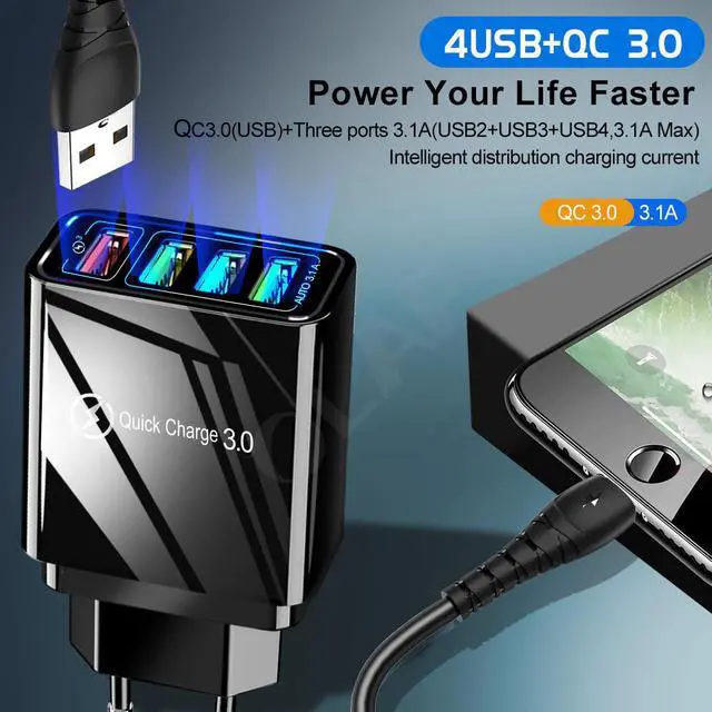Alt view image 6 of 7 - USB Wall Charger, 48W USB Wall Plug 4-Port Charging Box 3.1A Power Adapter Multi Port Quick Charger Block Cube Compatible for iPhone XR/XS/XS MAX/X/8/7/6S Plus, iPad, Samsung, LG, HTC, Moto-Black