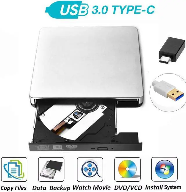 Main image of External DVD Drive, High Speed Data Transfer USB 3.0 Type C External CD DVD Reader Writer Player for Laptop Desktop MacBook Mac OS Windows 10/8/7/XP/Vista (Silver)