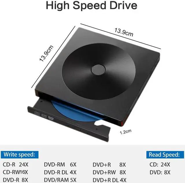 Alt view image 2 of 7 - External CD/DVD Drive, USB 3.0 & Type C Portable DVD CD+/-RW Drive Slim DVD/CD ROM Rewriter Burner Writer, High Speed Data Transfer Pro Laptop/Desktop Windows/Vista/7/8/10, Mac OSX and Linux (Black)