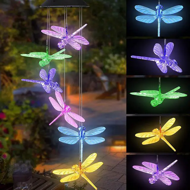 Main image of Six Dragonflies Wind Chime Solar Light Color Changing LED Solar Mobile Wind Chime Solar Light Wind Mobile Portable Waterproof Outdoor Decorative Romantic Wind Bell Light for Patio Garden Home Party