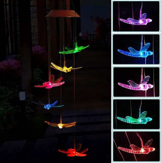 Alt view image 2 of 7 - Six Dragonflies Wind Chime Solar Light Color Changing LED Solar Mobile Wind Chime Solar Light Wind Mobile Portable Waterproof Outdoor Decorative Romantic Wind Bell Light for Patio Garden Home Party