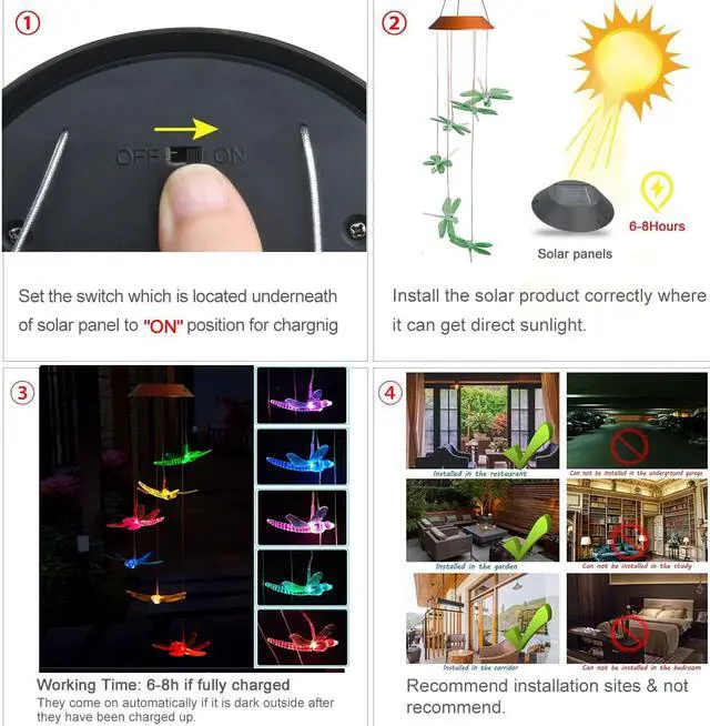 Alt view image 5 of 7 - Six Dragonflies Wind Chime Solar Light Color Changing LED Solar Mobile Wind Chime Solar Light Wind Mobile Portable Waterproof Outdoor Decorative Romantic Wind Bell Light for Patio Garden Home Party