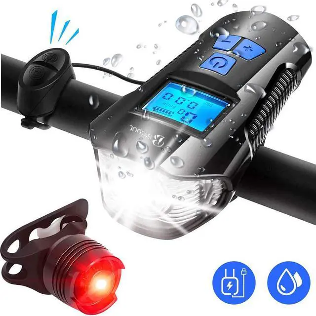 Main image of ESTONE Bike Headlight and Taillight Set with LCD Speedometer Odometer, USB Rechargeable Bicycle Waterproof Solar Front Headlight and Back Taillight with Multiple Lighting Modes