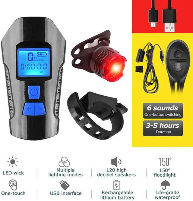 Main image of USB Rechargeable Bike Light Set and Horn kit with LCD Speedometer Odometer