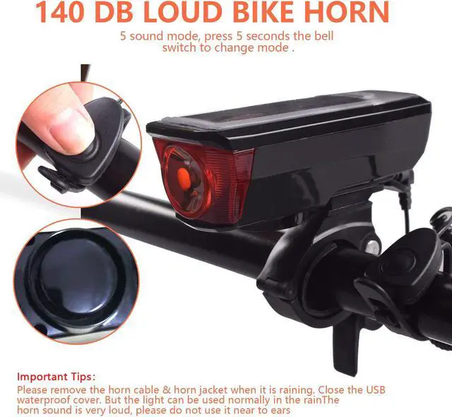 Alt view image 2 of 8 - ESTONE Bike Light Set and Horn Solar Powered USB Rechargeable 4 Mode Bicycle Headlight Taillight Combinations Front Back Light & Bell for Cycling Riding Safety Warning Rear Tail Light LED Speaker