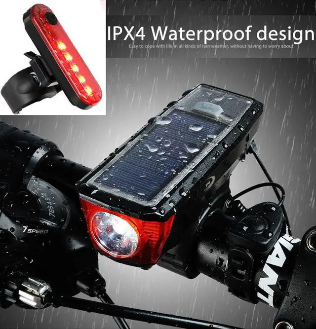 Main image of ESTONE Bike Light Set and Horn Solar Powered USB Rechargeable 4 Mode Bicycle Headlight Taillight Combinations Front Back Light & Bell for Cycling Riding Safety Warning Rear Tail Light LED Speaker