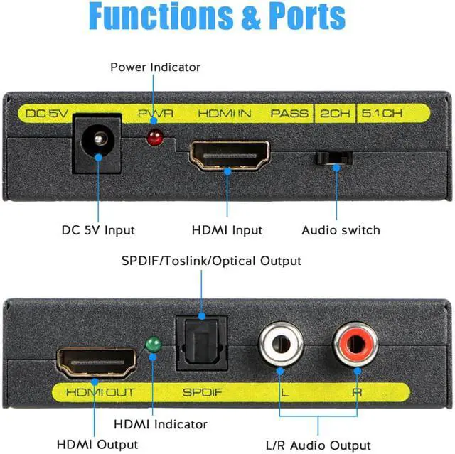 Alt view image 2 of 7 - ESTONE 1080P HDMI Audio Extractor, HDMI to HDMI + Optical TOSLINK SPDIF + Analog RCA L/R Stereo Audio Video Splitter Adapter Converter for Blu-ray DVD Player Sky HD Box PS3 PS4