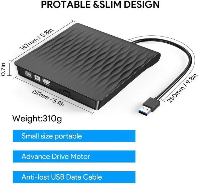 Alt view image 3 of 7 - ESTONE External CD DVD Drive USB 3.0 Type-C Portable DVD/CD ROM +/-RW Drive Burner Rewriter for Windows 10 Laptop Desktop PC, MacBook Pro/ Air, iMac Black