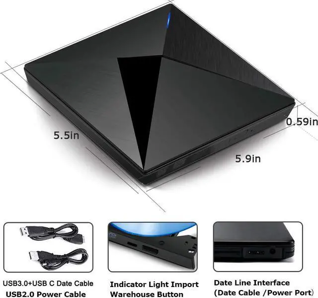 Alt view image 2 of 7 - ESTONE CD DVD Drive USB 3.0 and Type-C Portable CD/DVD Player for Laptop CD Drive Reader Writer Burner  Compatible with Laptop Desktop PC Windows Linux Apple Mac( Polaris, Black )