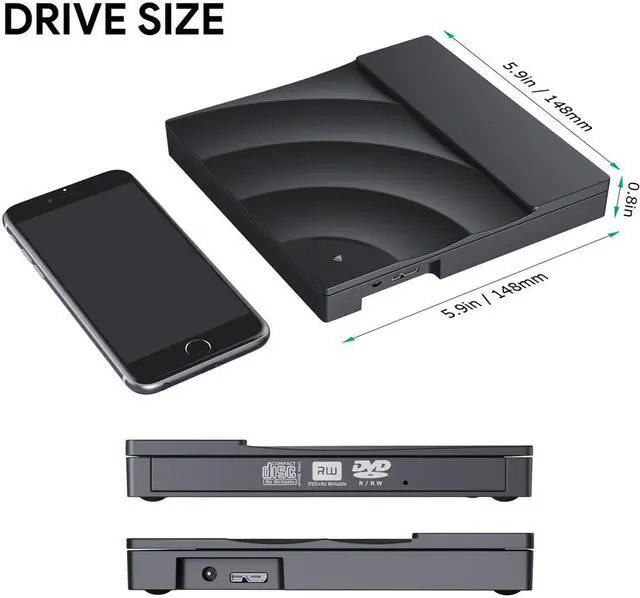 Alt view image 2 of 8 - ESTONE External CD DVD Drive USB 3.0 Type-C Slim Portable DVD/CD ROM +/-RW Optical Drive Burner Writer with Touch Sensitive Button for MacBook Pro/ Air, iMac, Windows/ Linux/ Mac Laptop Desktop, Black