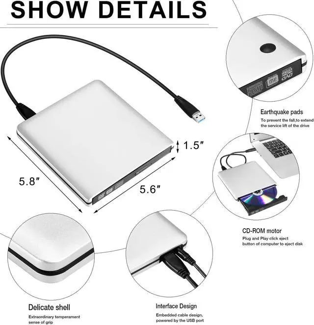 Alt view image 4 of 8 - ESTONE Aluminum External CD Drive Type C USB 3.0 Portable CD DVD +/-RW Drive Slim DVD/CD ROM Rewriter Burner Writer Compatible with Laptop Desktop PC Windows Linux OS Apple Mac Silver