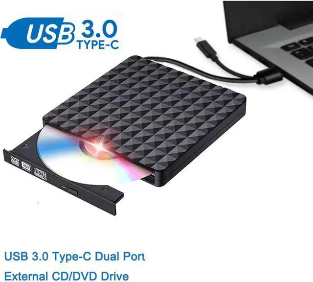 Main image of ESTONE USB-C/USB3.0 External CD DVD Drive, Portable DVD/CD ROM +/-RW Drive Burner Rewriter for Windows 10/8/7, Mac, Linux Laptop Desktop, MacBook Pro/ Air, Diamond Pattern, Black