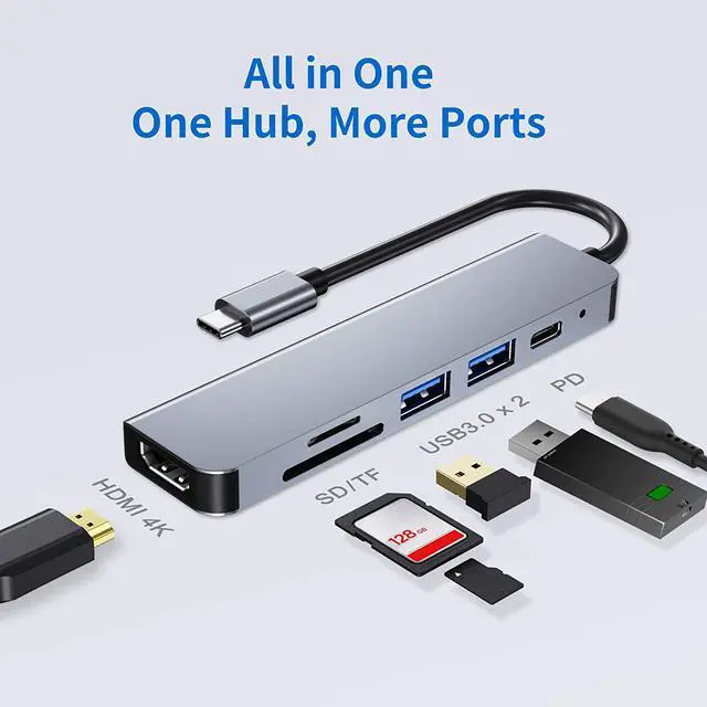 Alt view image 2 of 7 - USB C Hub, 6 in 1 Type C Aluminum Hub Adapter with 2 x USB 3.0 Ports, TF/SD Card Reader, 87W Pd Charging, 87W Pd Charging Support for iPad Pro/MacBook/Type C Devices