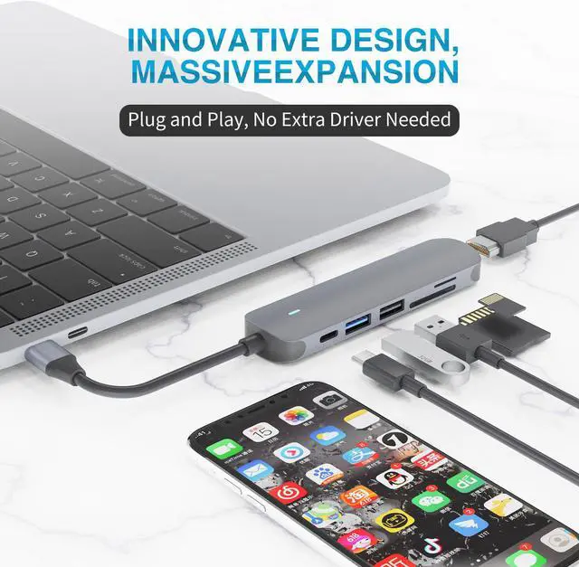 Alt view image 5 of 8 - ESTONE USB C Hub, MacBook Pro Adapter USB C Dongle, 6 in 1 USB C to HDMI Multiport Adapter Compatible for USB C Laptops Nintendo and Other Type C Devices (4K HDMI USB3.0/2.0 SD/TF Card Reader 87W PD)