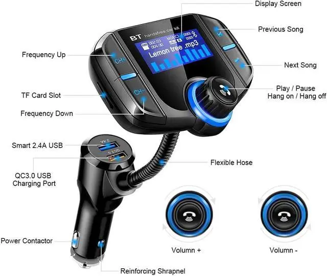Alt view image 2 of 8 - BT70 FM Transmitter Bluetooth with 1.7 Inch Display for Car Aux Bluetooth Adapter Music Player FM Radio Car Kits Hands Free Calling QC3.0/2.4A Dual USB Ports