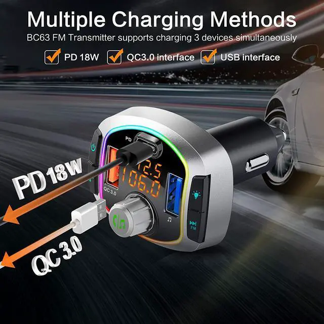 Alt view image 5 of 8 - Bluetooth FM Transmitter with LED Backlit, Upgraded Car Transmitter, Wireless Audio FM Transmitter, Support Siri Google Assistant, QC3.0 Charging, Hands-Free Calls with 2 USB Ports QC3.0+USB-C Charger