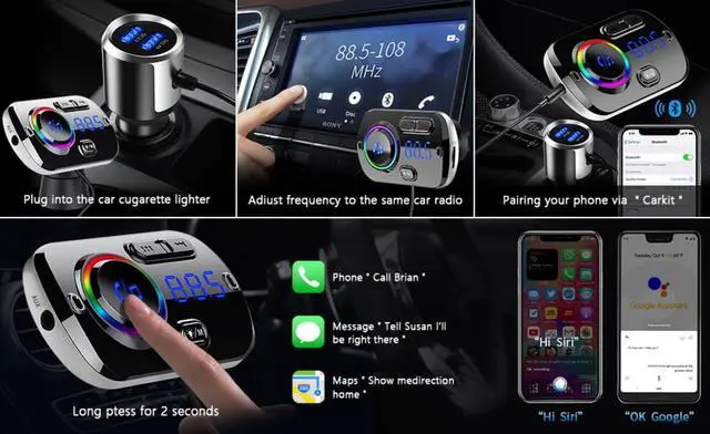 Alt view image 3 of 8 - Bluetooth FM Transmitter 5.0, Bluetooth Car Adapter with Dual USB Ports(QC3.0/2.4A), Wireless Bluetooth FM Radio Adapter MP3 Music Player with 7 Colors Support Hands-Free Calls, TF Card AUX