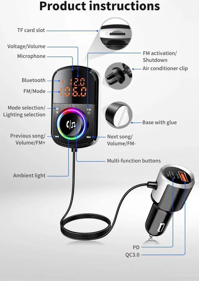 Alt view image 2 of 7 - Bluetooth FM Transmitter for Car, Wireless FM Radio Transmitter Adapter Car Kit,QC3.0/18W Charging Ports + USB-C PD, Hands Free Calling, TF Card MP3 Music Player, LED Backlit,Dual Screen LED Display