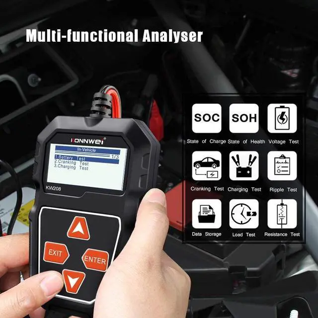 Alt view image 4 of 7 - KW208 12V Car Battery Tester, Auto Battery Load Analyzer with LCD Display - Test Battery Life Percentage,Voltage, Resistance and CCA Value Auto Batteries Analyzer for Cars, Motorcycles, Marine, SUV