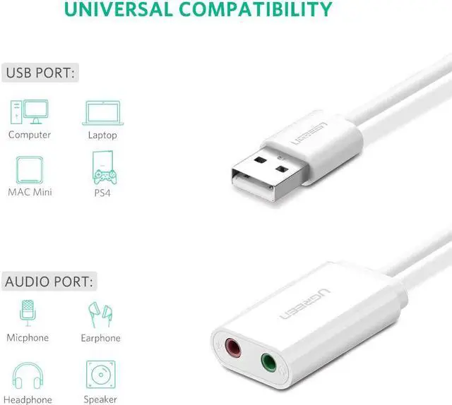 Alt view image 2 of 8 - ESTONE USB Audio Adapter with 3.5mm Speaker-Headphone and Microphone Jack, Add an External Stereo Sound Card to Any PC, Compatible with Windows, Mac, and Linux- White