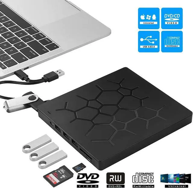 Main image of External CD DVD Drive, USB 3.0 Type-C Portable CD/DVD /-RW Drive/DVD Optical Drive disc Player for Laptop with 4 USB Ports and 2 SD Card Slots Compatible with Mac Laptop Desktop PC Windows Linux OS