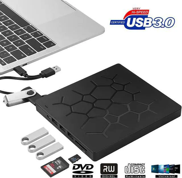 Main image of New External CD DVD Optical Drive Type C Dual Port CD DVD Rewriter Burner Writer with 4 USB Ports and 2 SD Card Slots Compatible with Windows XP/7/8/10, MacOS, Linux for MacBook, Laptop, Desktop