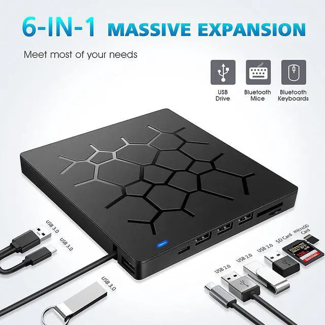Main image of 7 -in-1 USB3.0 with Type-C adapter Superdrive External DVD/CD Reader and DVD/CD Burner with 4 USB Ports and 2 SD Card Slots for Apple-MacBook Air/Pro/iMac/Mini/MacBook Pro/ASUS/ASUS/DELL Plug and Play