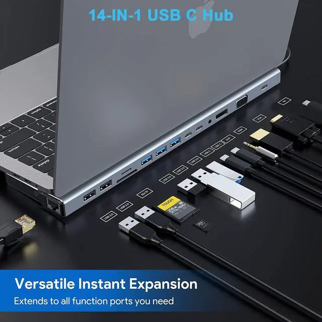 Alt view image 3 of 7 - Docking Station Multiport Adapter - 14 in 1 Portable Space Aluminum Dongle with Ethernet, 4K HDMI, 1080P VGA, 3 USB 3.0,2 USB 2.0,2 USB-C, 2 SD/TF Card Reader,87W Pd Charging,3.5 Jack hole