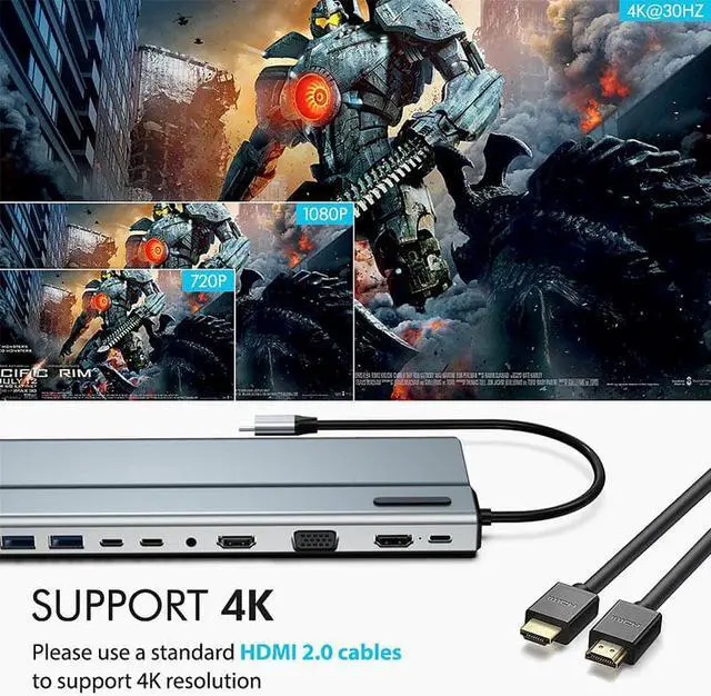 Alt view image 7 of 7 - Docking Station Multiport Adapter - 14 in 1 Portable Space Aluminum Dongle with Ethernet, 4K HDMI, 1080P VGA, 3 USB 3.0,2 USB 2.0,2 USB-C, 2 SD/TF Card Reader,87W Pd Charging,3.5 Jack hole