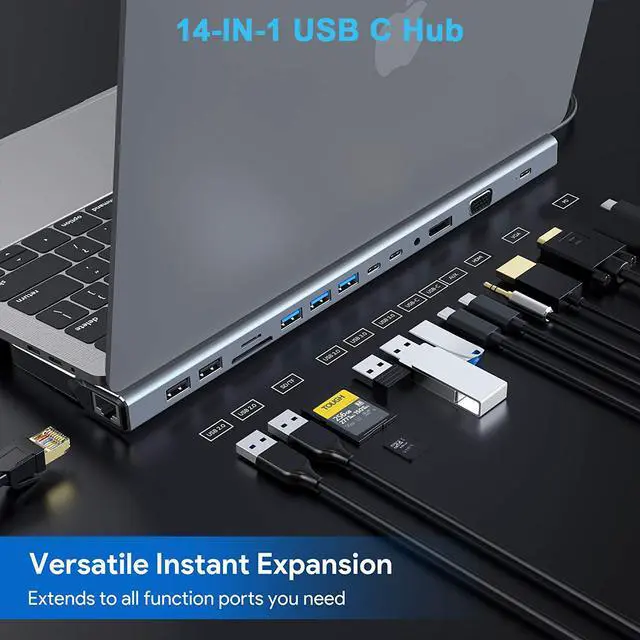 Alt view image 2 of 7 - USB C Hub, USB C Docking Station 14 in 1 Dual Display Type C Adapter with VGA HDMI 4K, DP, PD Charger, Gigabit Ethernet, 5 USB Ports, SD/TF Card Reader, Mic/Audio for MacBook Pro and Windows