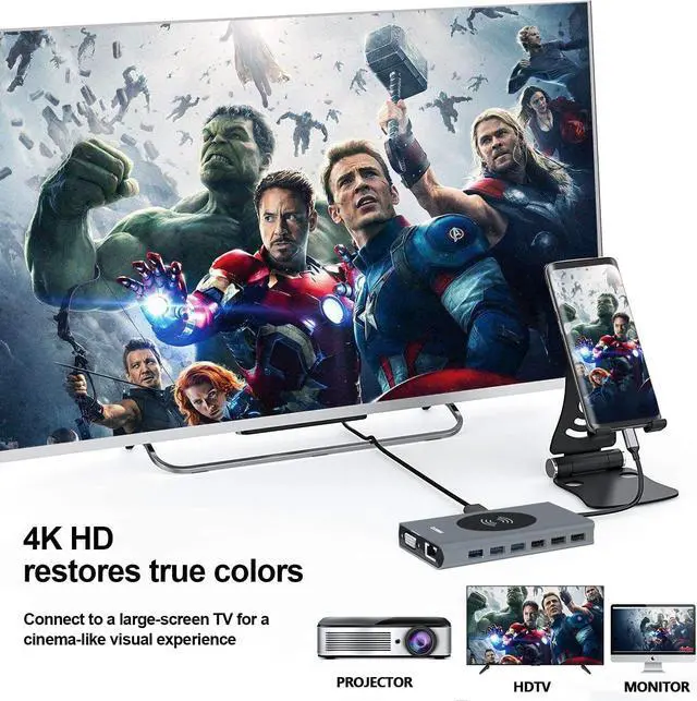 Alt view image 6 of 7 - USB C Hub Multiport Adapter - 15 in 1 USB C Power Adapter; USB-C Dongle; HDMI; VGA; SD Card Reader; MicroSD Card Reader; Ethernet; 4 USB 2.0; 3 USB 3.0; Wireless Charging; 1 USB-C PD & Audio Jack