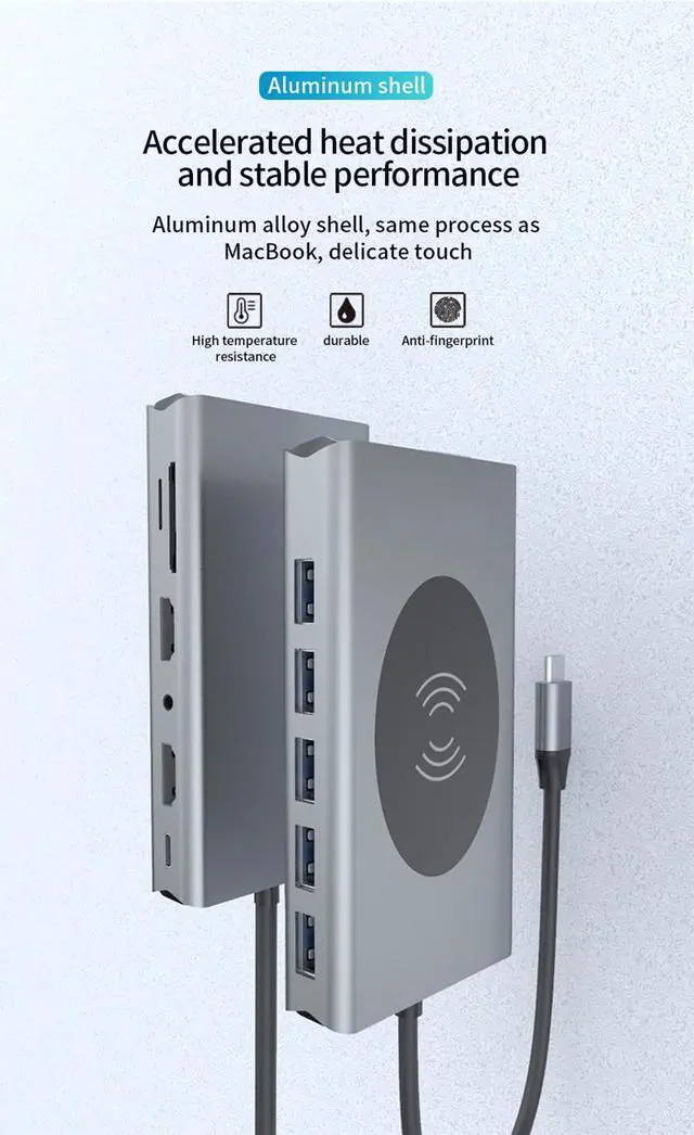Alt view image 4 of 8 - Dual Display 14 in 1 USB C Hub with VGA Dual HDMI, PD, Ethernet, SD TF Card Reader, 5xUSB3.0 Port, Mic/Audio,Ethernet,Wireless Charging Type C Adapter Docking Station Compatible for MacBook Air Pro