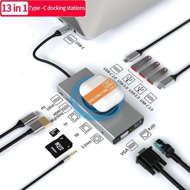 Adaptateur USB C vers 2 HDMI 4K, VGA 1080P, 4 USB Ports, RJ45 Gigabit  Ethernet