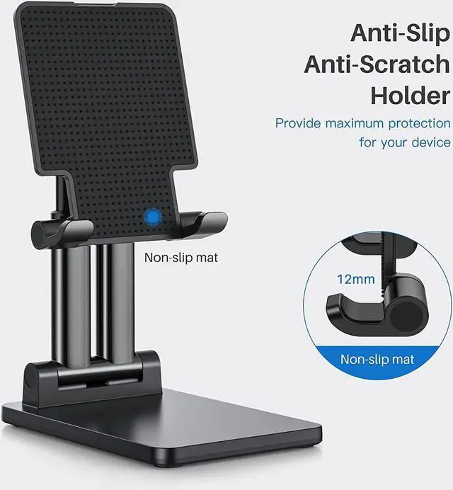 Alt view image 2 of 7 - Adjustable Cell Phone Stand for Desk: Angle Height Adjustable Foldable Cellphone Holder w/Anti-Slip Silicon Pad for Office, Compatible with iPhone 11 12 Max Xr X 8 iPad Mobile Samsung Galaxy, Black