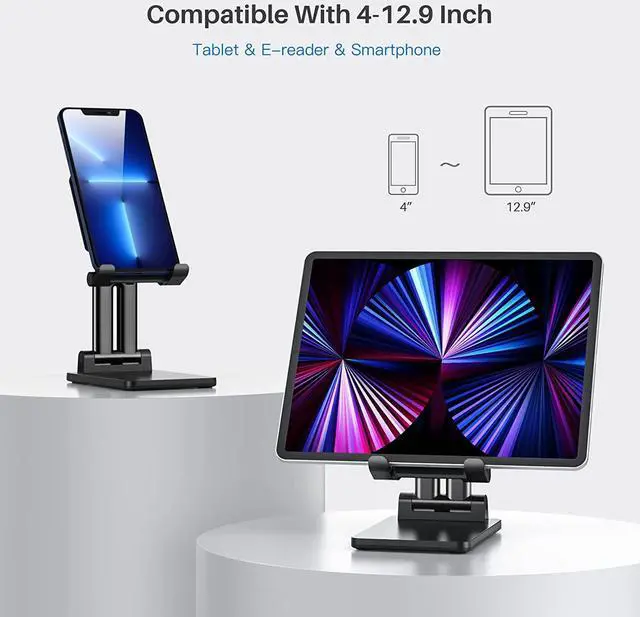 Alt view image 4 of 7 - Adjustable Cell Phone Stand for Desk: Angle Height Adjustable Foldable Cellphone Holder w/Anti-Slip Silicon Pad for Office, Compatible with iPhone 11 12 Max Xr X 8 iPad Mobile Samsung Galaxy, Black
