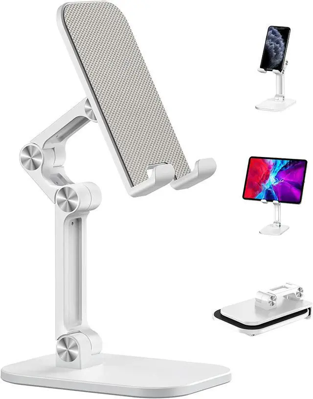Main image of Upgraded Adjustable Cell Phone Holder with Silicon Pad for Desktop Fully Forldable Mobile Phone Holder Compatible with 4"-12.9" Phones/Tablet /iPhone/iPad/Switch, White
