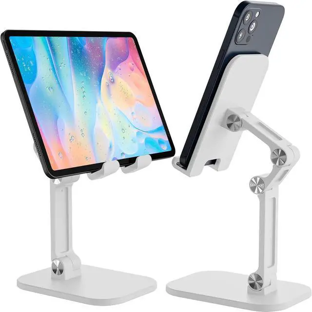 Main image of Adjustable Cell Phone Stand for Desk,Upgraded Desktop Phone Holder with Bigger Body and Longer Arm, Supper Stability, Compatible with 4"-12.9" Screen iPhone Samsung, iPad, Kindle, eBook Reader-White
