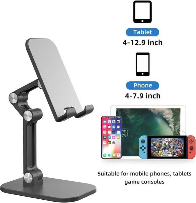Main image of Foldable Phone Stand for Desk-Upgraded Adjustable Portable Cell Phone Holder Cradle Desktop Dock Compatible with (4.7-12.9") iPad, ipad Pro 12.9, Air Mini 4, iPhone, Kindle, Switch, Black
