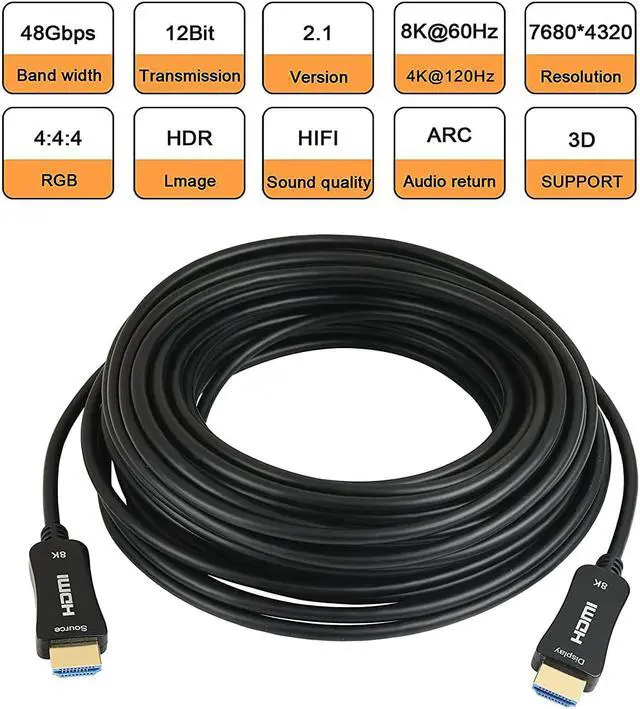 Alt view image 2 of 7 - 8K HDMI Fiber Optic Cable 30ft, 4K120 8K@60Hz HDMI 2.1 Cable, Long HDMI Cable 48Gbps Ultra High Speed Slim HDMI Optical Audio Cable, eARC HDR10 HDCP 2.2 Compatible with PS5 Xbox TV Projector